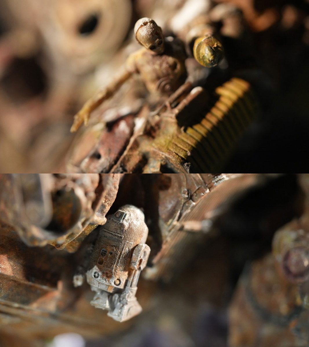 Detailaufnahmen des Krabbenpanzers mit C-3PO und R2-D2.