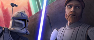 Vom Gegner in die Enge getrieben, bereiten sich Captain Rex und Obi-Wan Kenobi auf den Kampf vor. - Aus Star Wars: The Clone Wars
