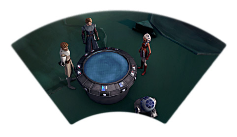 Obi-Wan, Anakin, Ahsoka und R2-D2 an einem Taktik-Holoprojektor
