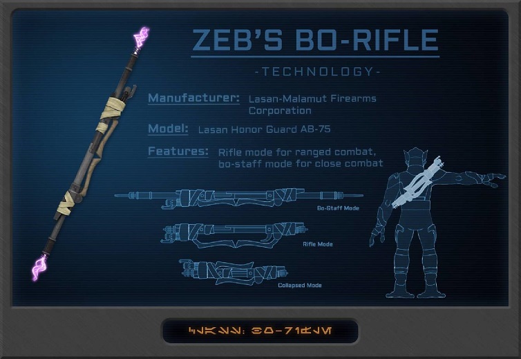 Bo-rifles sind einzigartige Waffen, die ausschließlich von der lasanischen Ehrenwache verwendet werden und selten anderswo in der Galaxis gesehen werden.