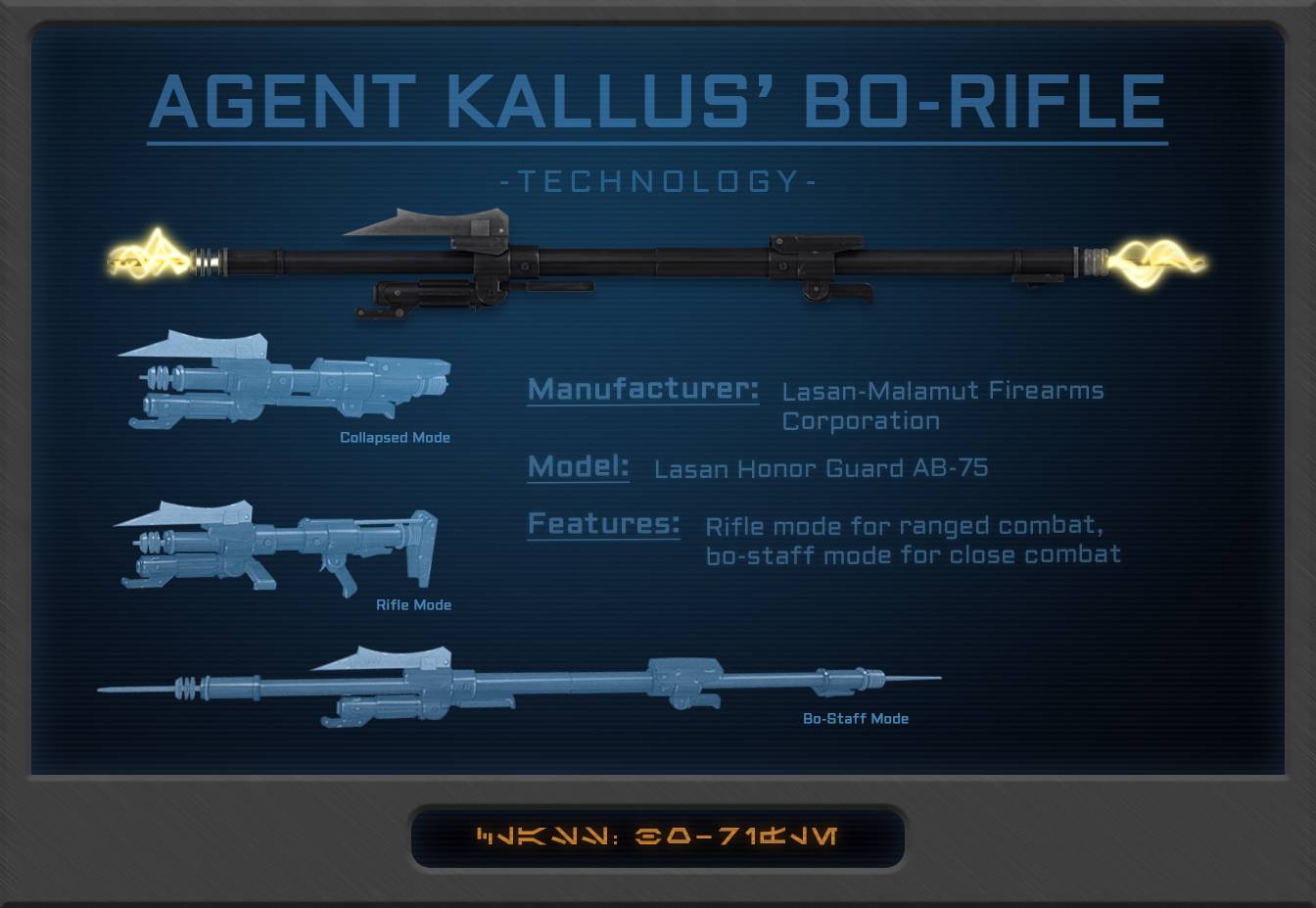 Kallus nahm seine Bo-Rifle als Trophäe von einem Honor Guard, den er in der Schlacht während der Zerstörung Lasans besiegte.