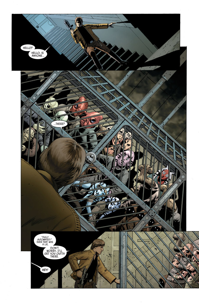 6 Dinge, die ihr nicht über <i></noscript>Star Wars #1</i> wisst…“></div><p>
<b>6. Man sollte sich <i>Star Wars</i> #1 als Eröffnungsszene eines neuen Films vorstellen.</b><br />
Da Marvels Star Wars da anfängt, wo ‚Eine neue Hoffnung‘ aufhört, sind die Schöpfer mit der Vorstellung an das Projekt herangegangen, eine filmische Erfahrung zu erschaffen – und den Geist der originalen Filme zu ehren. ‚Ich wollte festhalten, wewegen ich mich als Kind in Star Wars verliebt habe.‘, meint Aaron. ‚Ich wollte diese ganzen Besetzung aus Charakteren sehen, zusammen, wie sie in dieselbe Art Situationen kommen, in denen wir sie bereits im Rahmen der Filme gesehen haben. Wissen Sie, ich wollte, dass sich das wie eine anderer Film zwischen Episode IV und V anfühlt. Wir haben einfach einen Film auf Papier gemacht, in Form eines Comicsbuches.‘ Und während Aaron und Cassaday sich extrem drauf freuten, ihren eigenen Star Wars-Film als Comics zu machen, ist diese Freude mit dem Erscheinen von Band #1 nicht vergangen.<br />
‚Diese Charaktere und Geschichten sind ein wesentlicher Teil meines kreativer Baublöcke.‘ sagt Cassaday. ‚Ich muss sagen, dass die Möglichkeit, zurückzugreifen und ein bisschen in dieser Mythologie zu leben eine besondere Sache für mich ist, die für mich weiterbestehen wird.‘ Aaron stimmt zu – und freut sich auf die Zukunft der Reihe. <br />
‚Ich bin bei der Arbeit an Band 6 immer noch so froh wie bei Band 1.“, meint Aaron. ‚Keine Arbeit, die in Bälde langweilig wird. Ich fühle mich so, als würden wir gerade erst beginnen und lediglich die Oberfläche ankratzen.‘</p></blockquote>
<p>Wo wir gerade beim Thema Literatur sind: Unser User Christian (danke für den Hinweis!) hat uns darauf hingewiesen, dass das Werk <a href=