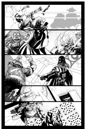 Vorschau zu <i></noscript>Darth Vader</i>„></div><p><b>Salvador, sind Sie hinsichtlich Design anders an das Star Wars-Universum herangegangen als an Ihre anderen Comicprojekte?</b></p>
<p>Na ja, ich denke, dass eine realistischere Darstellung im Falle dieser Reihe besser funktioniert als ein super heroischer Look. Ich versuche, den Style ans Projekt anzupassen und ich sehe Darth Vader als realistischer – ziemlich wie die Filme. Für mich ist ein Buch, in dem die Star Wars-Charaktere nicht nach ihren Ebenbildern in den Filmen aussehen, nicht Star Wars. Han muss Han sein, Luke muss wie Luke aussehen und Vader muss der freundliche Kerl sein, den wir alle kennen…</p>
<p><b>Marvel: In der Tat! Also werden wir, auch wenn dies definitiv ein Salvador Larroca-Buch ist, den Star definitiv erkennen?</b><br />
Ja! Wenn man bedenkt, dass ich Fan der Filme bin und wenn man im Gedächtnis behält, wie kultisch Vader ist, kann man eine realistische Darstellung erwarten; so nahe wie ich kann an dem, wie wir ihn erinnern und seinen Einfluss auf die Filme zu vermitteln.</p>
<p><b>Wie Sie sagen, Darth Vader ist eine so herrische Figur; wie bringen Sie diese Präsenz auf die Seiten? Wie holen Sie Emotionen aus einer maskierten Figur?</b></p>
<p>Vader hat eindeutig keine Gesichtsemotionen und er ist nicht der Typ, der die Hand fliegen lässt oder sich zu viel bewegt; er bewegt sich nur, wenn dies notwendig ist und seine Laune ist gewöhnlicherweise entweder verärgert oder sehr verärgert, da gibt es also kein Problem, seine Ausdrücke zu vermitteln! [Lacht]</p>
<p>Meist versuche ich, ihn auf kraftvolle Weise elegant und atemberaubend aussehen zu lassen. Er hat nicht die Seele einer Cheerleaderin.</p>
<p><b>Von der Kunst, die wir bislang gesehen haben vermitteln Ihre Panels und Layouts wirklich ein Gefühl nach Kino; wie sieht ihre Philosophie dazu aus?</b><br />
Ich versuche stets, das Gefühl der Filme zu vermitteln; lange horizontale Aufnahmen; die Filme immer im Hinterkopf. Ich versuche, dieses Gefühl in den Seiten dieses Buchs stets zu vermitteln.</p>
<div align=