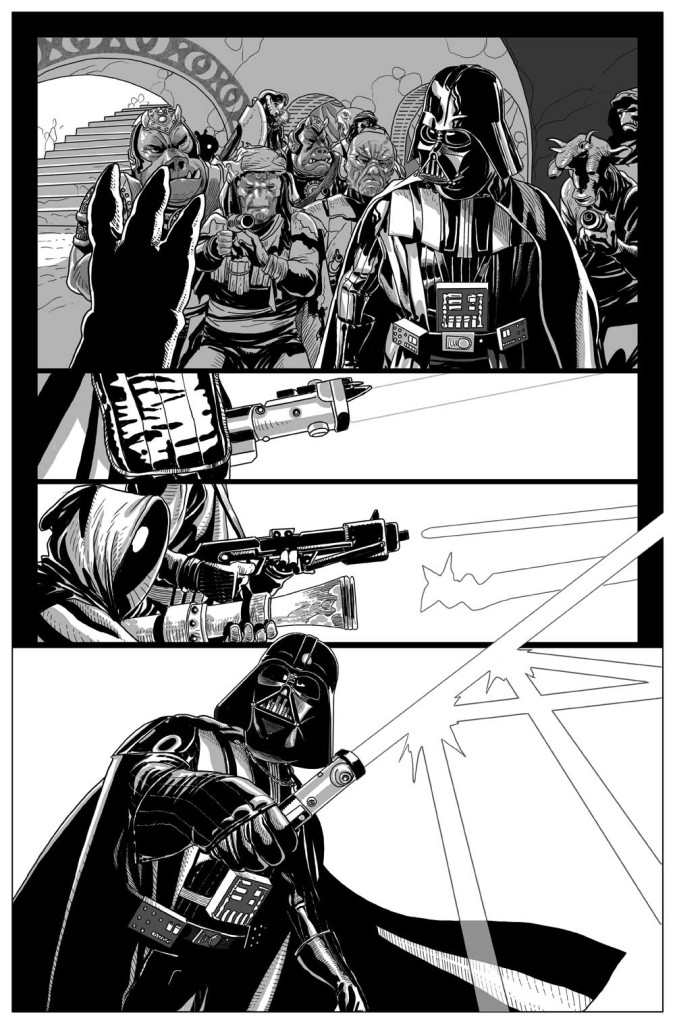 Vorschau zu <i></noscript>Darth Vader #1</i>„></div><p><b>Nun, wie fühlte es sich an, <i>neue</i> Aliens für das Werk zu erschaffen? Wie sind Sie  da rangegangen?</b><br />
Wenn ich neue Alienfiguren erschaffe, folge ich den Beschreibungen des Autoren und versuche sie, bestehenden Star Wars-Stilen entsprechen zu lassen. Ich denke, es würde nicht besonders gut funktionieren, einen Typen wie beispielsweise Hulk oder the Thing im Werk zu haben. Alles muss sehr nach Star Wars aussehen. Das beste an diesen Filme ist, dass sie absolut verschieden sind und sehr individuell im Vergleich zu den übrigen SciFi-Filmen; alles ist spezifisch und man kann kann separate Elemente als Star Wars-Elemente erkennen. Schiffe, Figuren, Roboter – alles, was man sieht, ist Star Wars und sonst nichts.<br />
<b>Also werden Leser mit Begeisterung Boba Fett in <i>Darth Vader #1</i> sehen; war er im Skript, oder was dies Ihre Idee?</b><br />
Er war in Kieron [Gillen]s Skript. Ganz am Ende der ersten Ausgabe setzte ich ihn in Jabbas Hof, denn ich kann mir leicht vorstellen, dass die Fans zu johlen anfangen, wenn sie ih sehen – er hat eine so gewaltige Fanarmee!<br />
<b>Zum Abschluss, sprechen wir über den Autor der Reihe, Kieron Gillen. Generell, wie war es, mit ihm an <i>Darth Vader</i> zu arbeiten?</b><br />
So talentiert Kieron ist und eingedenk der Tatsache, wie vertraut ihm dieses Universum ist, ist es sehr angenehm, mit ihm zu arbeiten. Wir haben ähnliche Eindrücke und Herangehensweisen in Bezug auf, wie dies funktionieren und aussehen muss. Jedes Mal, wenn wir über das Werk gesprochen haben, sind wir auf derselben Wellenlänge – folglich ist es für mich recht einfach, seine Konzepte und Ideen zu zeichnen; und so sehr, wie ich Star Wars-Fan bin, habe ich eine sehr, sehr geniale Zeit bei der Arbeit an <i>Darth Vader</i>. Ich hoffe, die Fans mögen es genauso, wie ich.
</p></blockquote>
<p>Die erste Ausgabe ist <a href=