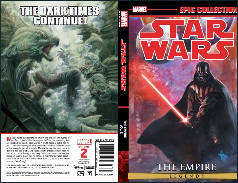 Cover zur Legends Epic Collection <i>The Empire #2</i>„><br />
Während das Imperium seinen Griff direkt nach den Ereignissen von Episode III anzieht, sind die verbleibenden Jedi dem Tode geweiht. Jedi-Meister K’Krukh stellt sich einem Duell um sein Leben – dieses weist tödliche Parallelen für Bomo Greenbark und die Besatzung des Schmugglerschiffs Uhemele auf. Inzwischen geht Meister Dass Jennir endgültig das Geld aus und er muss sich der frappierenden Wahl stellen: Seine Ideale zu verraten oder zu verhungern. Sein Dasein als Jedi mag ihn vielleicht zu einem Ausgestoßenen machen, aber heißt das, dass er kein Jedi mehr ist? Darth Vader ist das egal: Er ist so oder so auf Jennirs Spuren – und ebenso der tödliche Attentäter Falco Sang!<br />
</p>
<p>Beinhaltet: Dark Times 6 – 17, Dark Times – Blue Harvest 0, Dark Times – Out of the Wilderness 1 – 5.</p></blockquote>
<p>Außerdem hier noch die Cover der Epic Collections <a href=