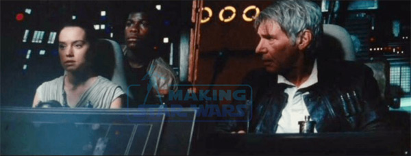 Rey, Finn und Han im Cockpit des Falken
