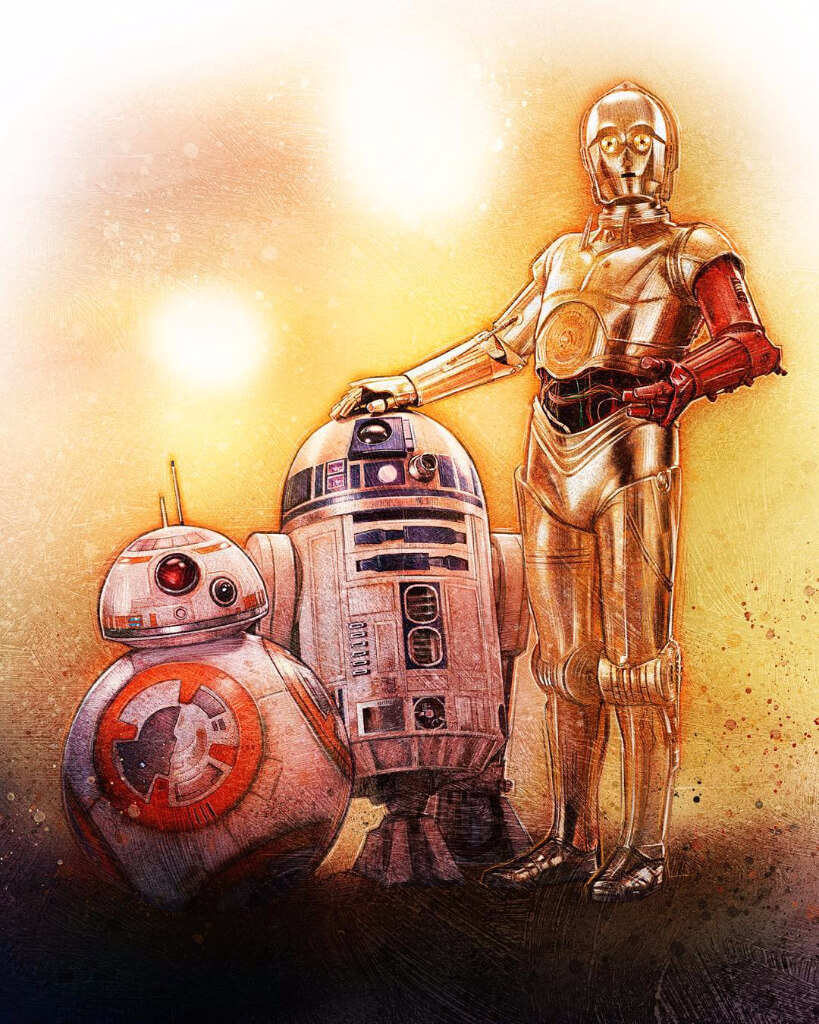 Promo-Zeichnung für Das Erwachen der Macht: BB-8, R2-D2 und C-3PO