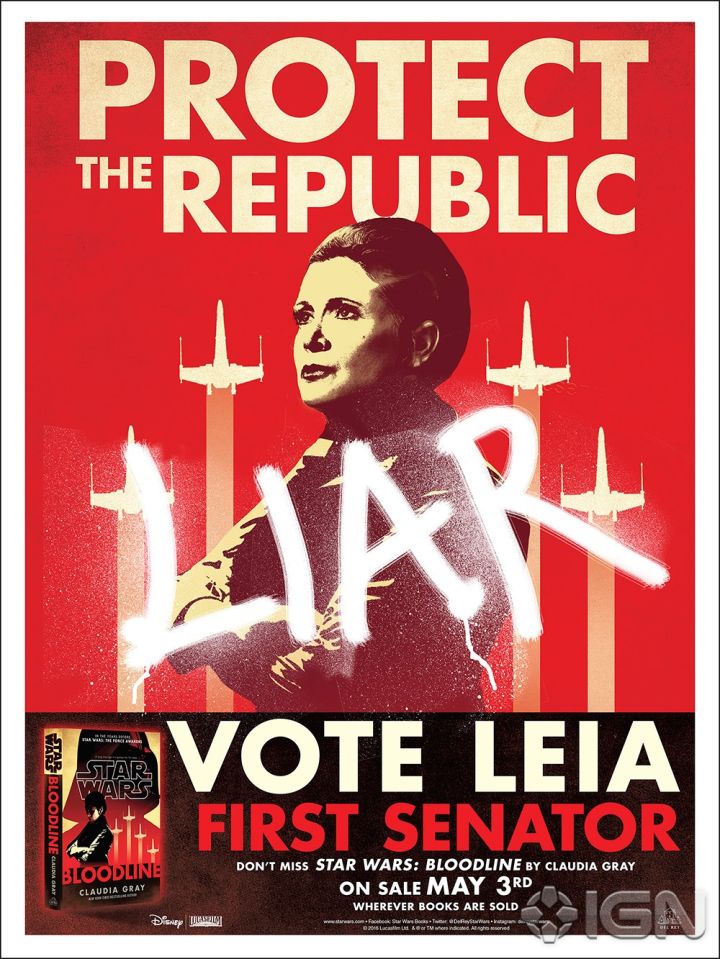 Wahlplakate Leias zum Roman <i>Bloodline</i>„><br /> <img data-perfmatters-preload decoding=