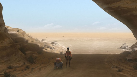 Dave Filoni spricht über <i></noscript>Twin Suns</i>„></div><p></p>
<p>“Das ist Material für Staffel 4,“ verspricht Filoni. “Nun, am Anfang von Staffel 4, hat Ezra viel mehr Ahnung davon, wer er eigentlich ist. In Staffel 3 ging es in vielerlei Hinsicht um das Streben nach Macht, wahrhaftigen Verbündeten und wahrer Familie.“</p>
<p>Filoni ergänzt, dass ‚Macht‘ allerdings für einzelne Leute unterschiedliche Bedeutungen hat. Für die Sith ist die Bedeutung wörtlich, für einen Jedi geht es um Selbstlosigkeit und Aufopferung, um anderen zu helfen. “Ezra geht einen großen Schritt in diese Richtung, also anderen zu helfen,“ meint Filoni. “Das wollte er schon immer machen; aber es ist das eine, zu wissen, dass man es tun soll und das andere, wie man es tun soll.“</p>
<p>Bridgers Rolle war so wichtig für Filoni, dass er selbst die Storyboards für die ganze Passage geliefert hat, ab dem Moment, an welchem Ezra durch den steinernen Bogen geht (siehe oben) bishin zum Abspann. </p>
<p>“Ich wollte diesen Moment psychologisch ergründen und die Frage, was es für Ezra bedeutet, in die Leere zu gehen, um diesen Mann zu finden. Dies ist ein Moment des Suchens. Mythisch. In die Wüste zu schreiten hat fast schon läuternden Charakter. Durch das Feuer zu reisen, durch die Kälte zu reisen, auf der anderen Seite anzukommen…das ist Obi-Wan.“</p></blockquote>
<p>Nächste Woche läuft das zweiteilige Staffelfinale in den USA; Staffel 4 ist bereits in Produktion.</p>
<input id=