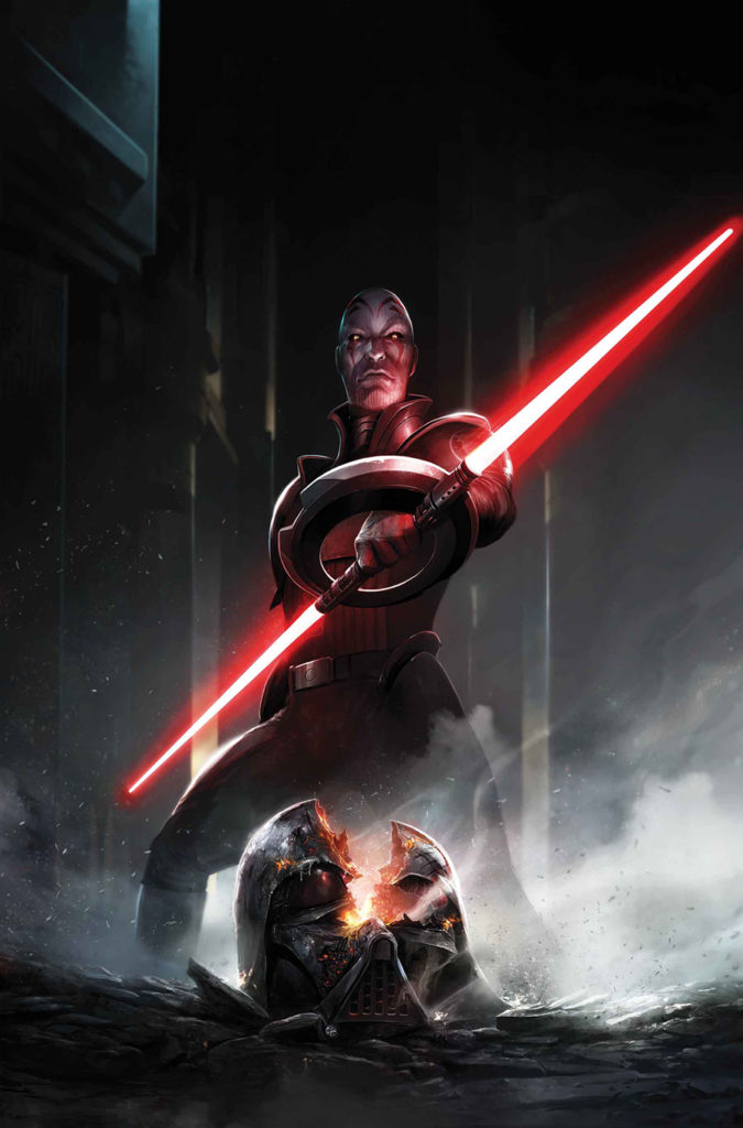 Impressionen aus <i></noscript>Dark Lord of the Sith</i>„> </p>
<p><b>Wie, ohne sie alle zu töten?</b></p>
<p>Das ist genau der Punkt. Normalerweise besteht die einfachste Lösung für Vader immer darin, alle problematischen Leute zu töten, weil sie dann kein Problem mehr darstellen können.</p>
<p>So handhabt er das normalerweise; soweit wir wissen, jedenfalls. Hier aber muss er anders vorgehen, auch wenn er eigentlich lieber alle töten würde. Er will alle aus dem Weg räumen. Dies ist für ihn eine Herausforderung, die sich anders anfühlt. Darüber hinaus kommt in den Fokus, dass da draußen noch Jedi sind, die überlebt haben und mit dieser Handlung zu tun haben. Darauf freue ich mich sehr.</p>
<p>Es hat jetzt schon sehr viel Spaß gemacht. Wir hatten Gelegenheit, ein paar neue Inquisitoren zu erschaffen, es tauchen auch einige bekannte Gesichter in der Handlung auf. Der Großinquisitor ist dabei; verschiedene Brüder und Schwestern, die wir schon aus anderen Geschichten kennen. Wir werden mehr über sie herausfinden und sie als Charaktere plastischer machen.</p>
<p><b>Irgendwelche vertraute Jedi?</b></p>
<p>Japp. Der nächste große Handlungsbogen zu Jedi beinhaltet einen Jedi, den wir aus den Filmen kennen. Ich habe sehr gerne über diesen Jedi geschrieben und freue mich sehr darauf.</p></blockquote>
<p>Der erste Sammelband der Reihe kommt am 5. Dezember in den Handel und lässt sich bereits <a href=