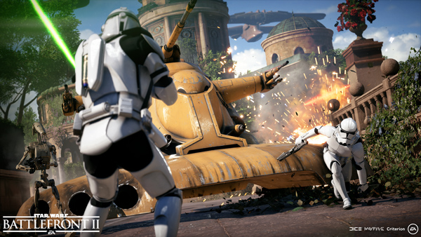 <i></noscript>Star Wars</i>: Battlefront II“></div><p>Der zweite große Modus ist der Sternenjäger-Angriff, der die Luftschlachten aus <i>Battlefront</i> ersetzt und der von Criterion von Grund auf neu entwickelt wurde. Auch hierbei handelt es sich um einen mehrstufigen Modus mit ähnlichen Spielzielen wie in Galaktischer Angriff. Wie auch am Boden gibt es für die Schiffe Klassen (Jäger, Abfangjäger und Bomber) und Helden.</p>
<p>Mit den Sternenjägern ist Criterion in meinen Augen ein wirklich großer Schritt gelungen. Während die Steuerung der Raumjäger in <i>Battlefront</i> gerade mit Maus und Tastatur noch sehr gewöhnungsbedürftig war, wirkte die neue Steuerung mit Maus und Tastatur, Gamepad oder auch Joystick deutlich intuitiver. Nach nur sehr kurzer Eingewöhnungszeit ist es möglich durch die engen Gänge der imperalen Werft über Fondor zu manövrieren oder unter den kaminoanischen Gebäuden von Tipoca City hindurchzufliegen. Und auch das Zielen hat sich deutlich verbessert. Vorbei sind die Zeiten der automatischen Zielerfassung auf Knopfdruck und der ewigen Verfolgungsjadgen im Kreis. Stattdessen wird jetzt manuell gezielt, was aber egal mit welcher Peripherie leicht von der Hand geht. Noch weiter aufgewertet wird der Modus in meinen Augen durch die variierenden Spielziele, die für mehr Abwechslung sorgen und das Spiel spannend halten.</p>
<p>Für mich ist der Sternenjäger-Angriff definitiv das Highlight von <i>Battlefront II</i>.</p>
<div align=