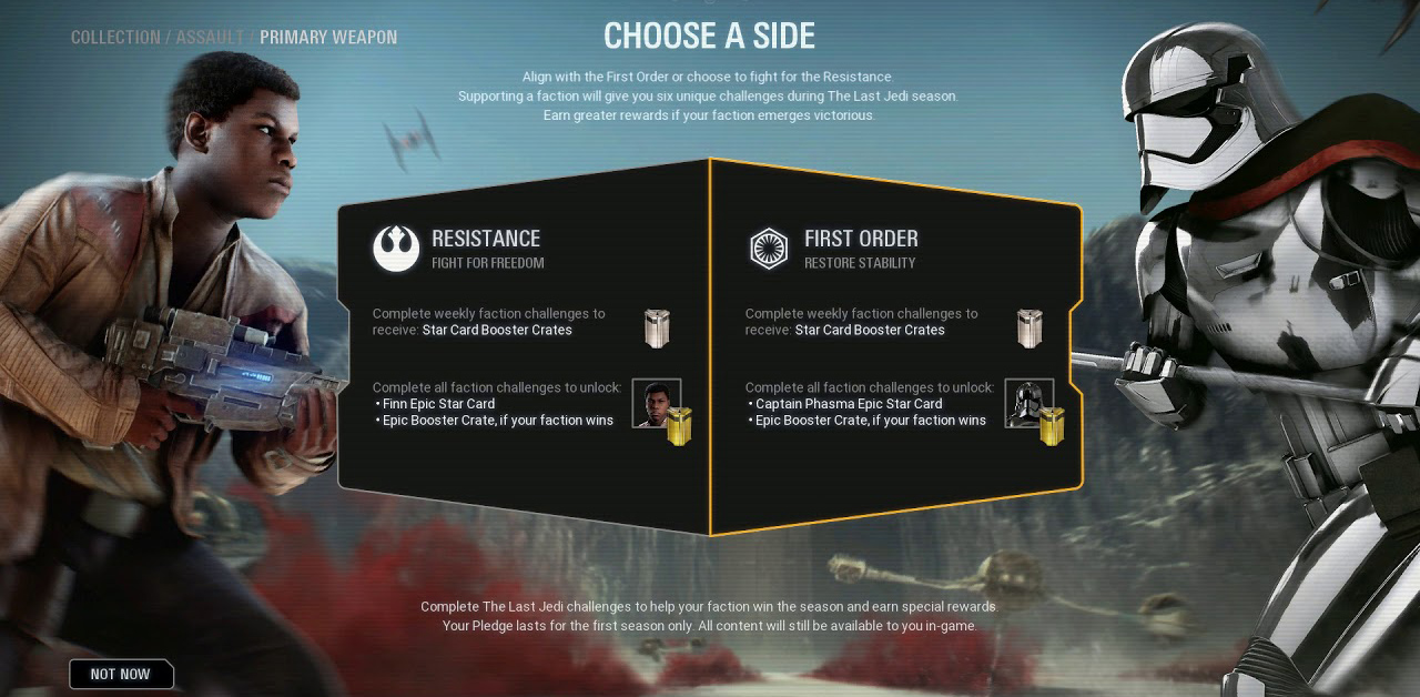 <i>Star Wars Battlefront II</i> – Season 1″></div><p>Der Höhepunkt der Season folgt dann nächste Woche, am 13.12. wenn die neuen Inhalte ins Spiel kommen. Dabei wird es sich um zwei neue Helden (Finn und Phasma), Crait als Karte für Galaktischer Angriff, D’Qar als Karte für Sternjäger-Angriff, Tallies RZ-A2 A-Wing als Raumheld und ein neues Kapitel der Einzelspieler-Kampagne namens „Resurrection“ handeln.</p>
<p>Den vollständigen Plan zur <i>The Last Jedi</i> Season könnt ihr euch in folgender Grafik genauer ansehen:</p>
<div align=