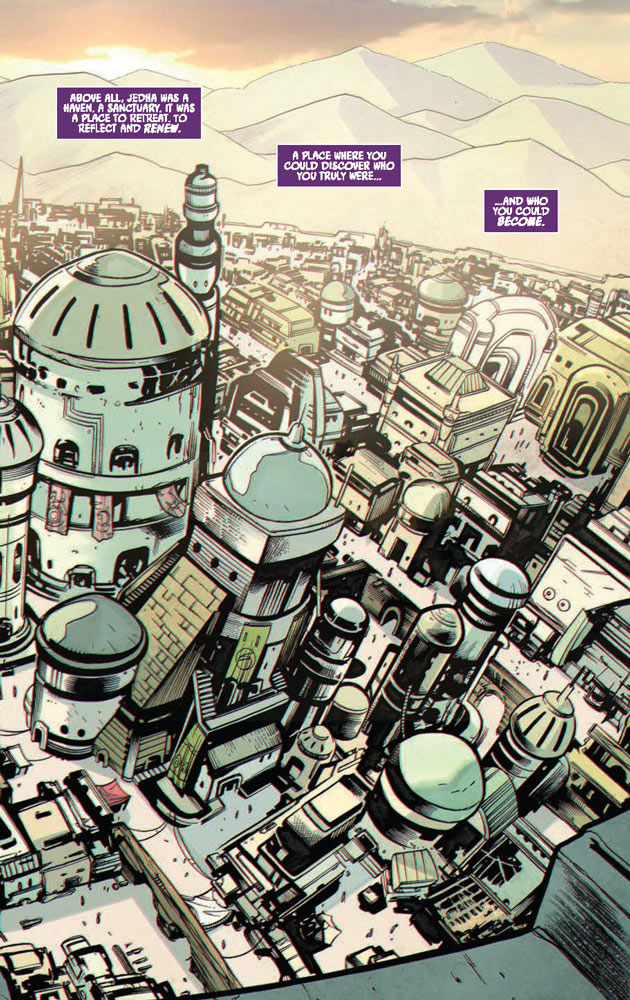 Fertige Seite aus <em></noscript>The High Republic #1</em>„></div><p>Ebenfalls Neuigkeiten gab es von der Comic-Front. Wir haben erfahren, dass Cavan Scotts Hauptreihe in Phase II <b>10 Ausgaben</b> umfassen wird. Es geht um Jedi, die auf Jedha nicht wirklich willkommen sind. Außerdem hat Zeichner Ario Anindito Einblicke in den Prozess seiner Illustrationen gegeben (siehe oben) und ein paar Konzeptzeichnungen gezeigt. Noch mehr davon könnt ihr euch auf der <a href=