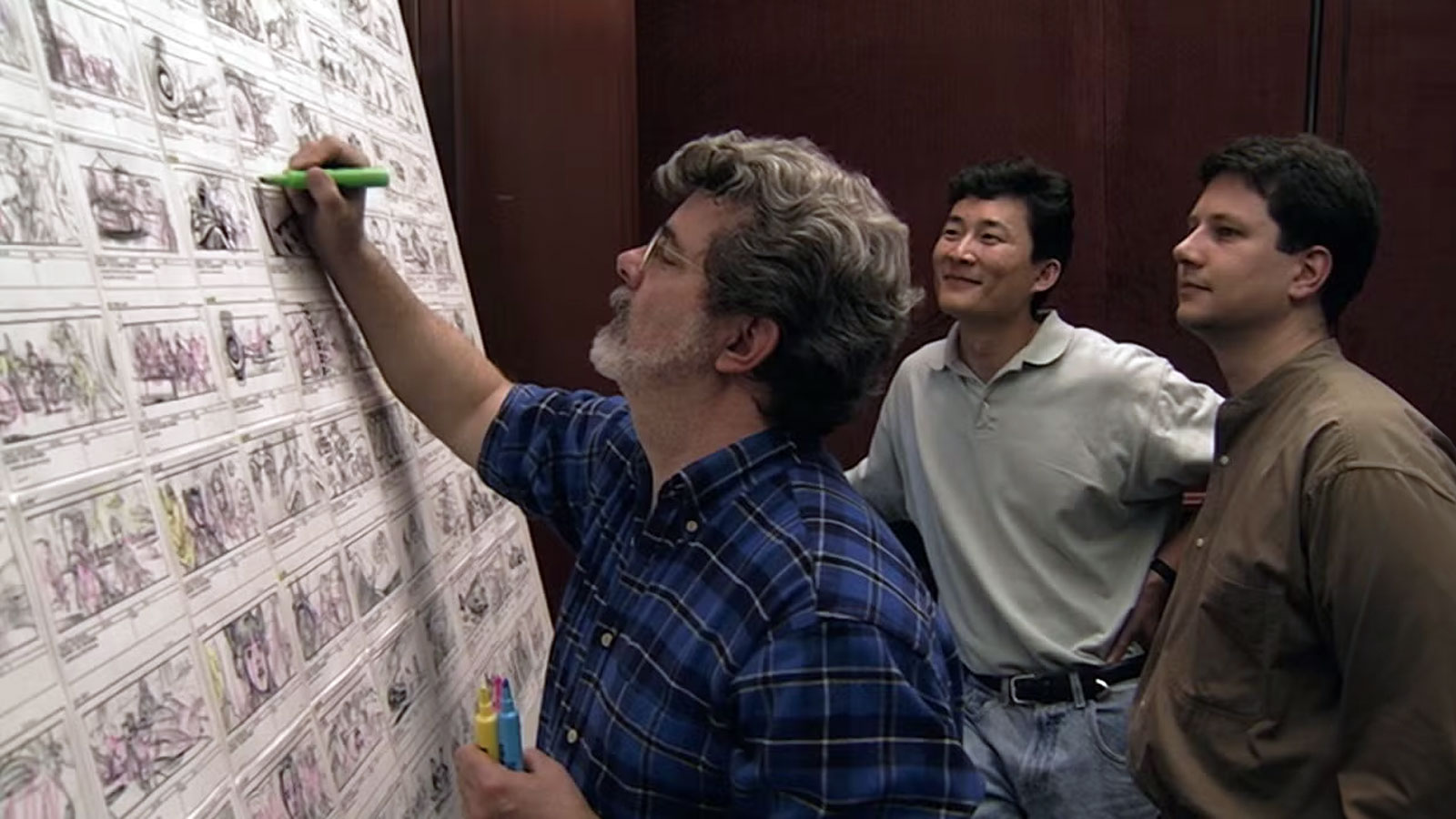 George Lucas, Doug Chiang und John Knoll bei den Vorarbeiten zu Star Wars: Episode I - Die dunkle Bedrohung