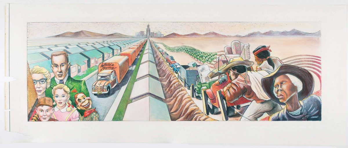Judith F. Baca, endgültige Kolorierung für 1950: The Development of Suburbia, für The Great Wall of Los Angeles, 1983, Lucas Museum of Narrative Art, Los Angeles, © 1983 Judith F. Baca/Bild mit freundlicher Genehmigung der SPARC Archives (SPARCinLA.org)