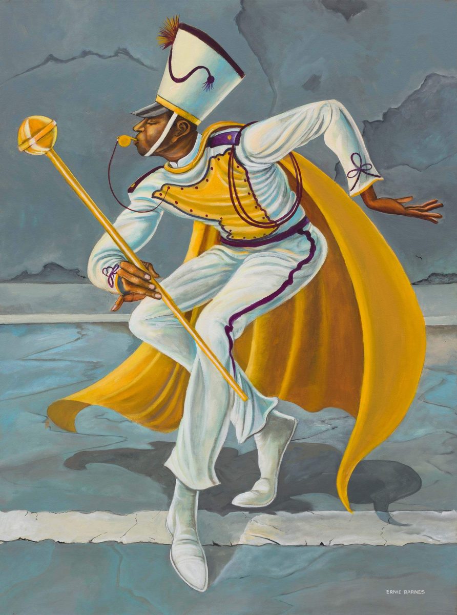 Ernie Barnes, The Drum Major, 2003, Lucas Museum of Narrative Art, Los Angeles, © Ernie Barnes Family Trust, fotografiert von Jeff McLane. Mit freundlicher Genehmigung von UTA Artist Space und den Erben von Ernie Barnes.