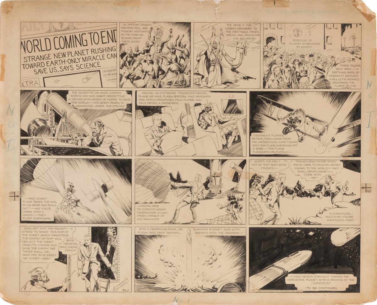 Alex Raymond, Flash Gordon-Sonntagscomic, 7. Januar 1934, Lucas Museum of Narrative Art, Los Angeles, Flash Gordon © 1934 King Features Syndicate, Inc. Bild mit freundlicher Genehmigung von Profiles in History