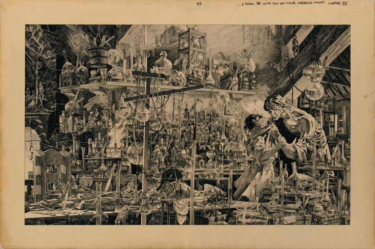 Bernie Wrightson, Umschlaggestaltung für die Marvel-Ausgabe von Mary Wollstonecraft Shelleys Frankenstein, 1983, Lucas Museum of Narrative Art, Los Angeles, © 2021 Bernie Wrightson / Artists Rights Society (ARS), New York. Bild mit freundlicher Genehmigung von Profiles in History