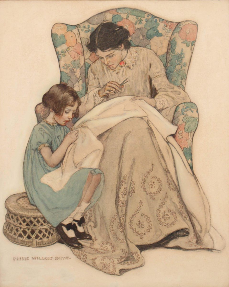 Jessie Willcox Smith, The Sewing Lesson, Titelbild für Collier’s, 1907, Lucas Museum of Narrative Art, Los Angeles, Bild mit freundlicher Genehmigung von The Illustrated Gallery Fort Washington, PA