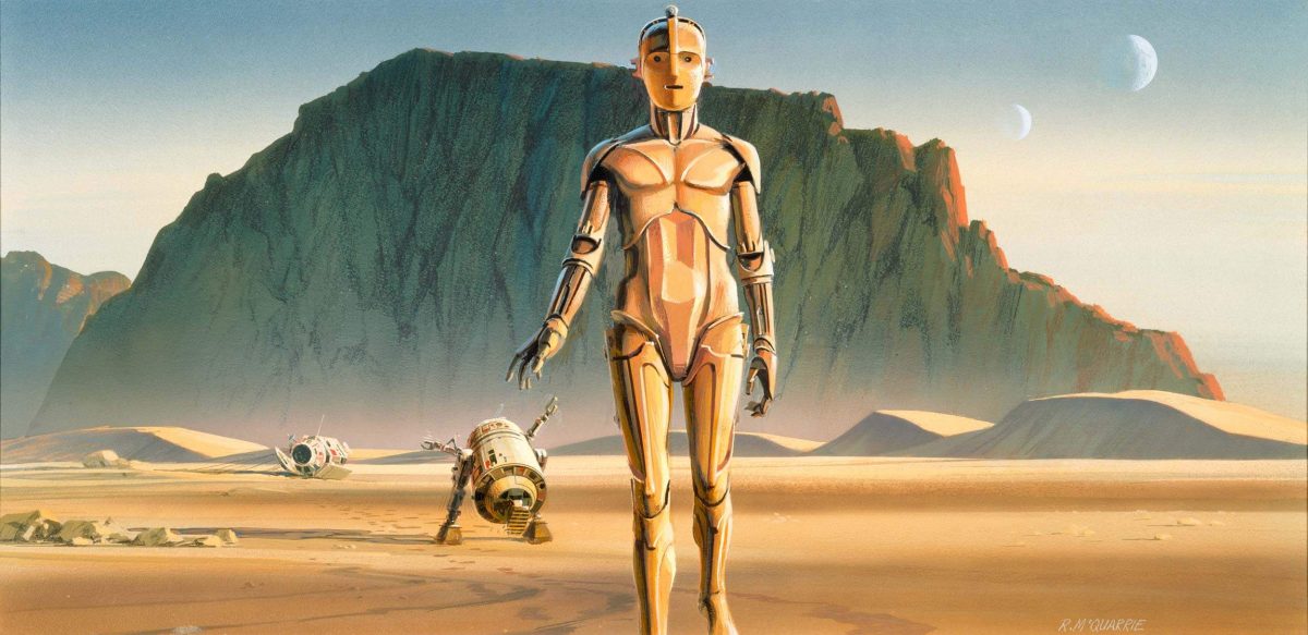 Ralph McQuarrie, Produktionsgemälde für Star Wars Episode IV: Eine neue Hoffnung (R2 und 3PO verlassen die Kapsel in der Wüste), 31. Januar 1975, Lucas Museum of Narrative Art, Los Angeles, © und ™ Lucasfilm Ltd. 2020 Alle Rechte vorbehalten. Verwendung mit Genehmigung.