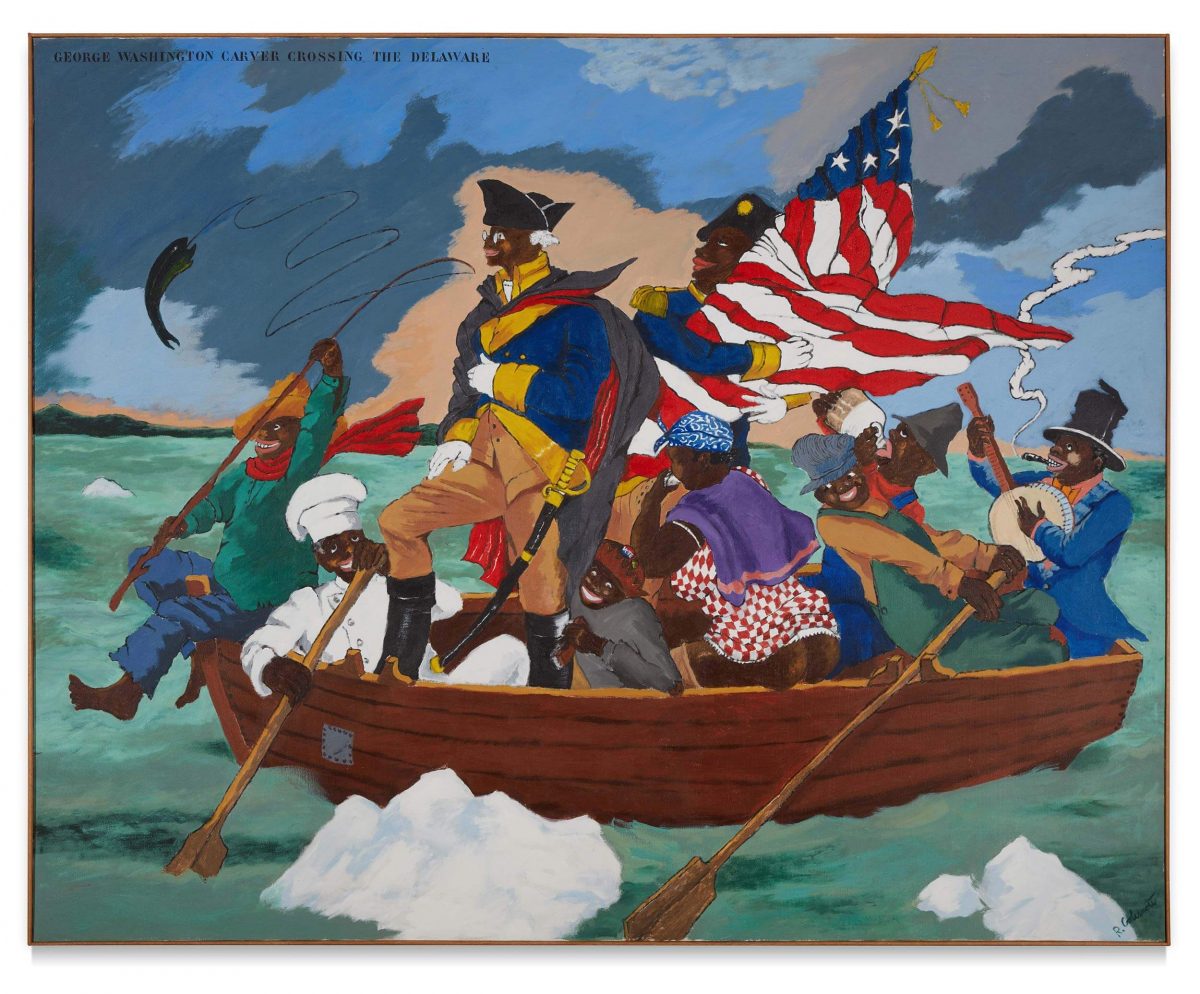 Robert Colescott, George Washington Carver Crossing the Delaware: Seite aus einem amerikanischen Geschichtsbuch, 1975, Lucas Museum of Narrative Art, Los Angeles, © 2021 The Robert H. Colescott Separate Property Trust/Artists Rights Society (ARS), New York
